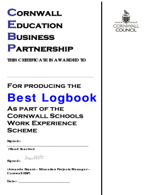 Cornwall Schools Work Experience Certificate