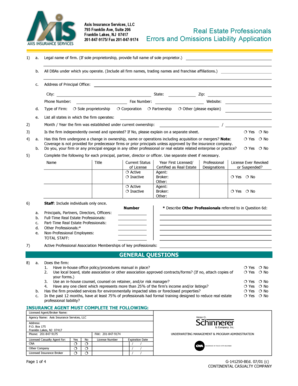Real Estate Errors and Omissions Liability Application