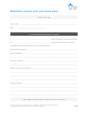 Medication Consent Form and Record Sheet