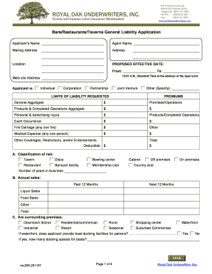 Bars/Restaurants/Taverns General Liability Application
