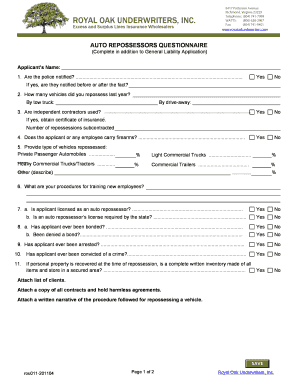Auto Repossessors Questionnaire