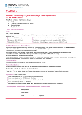 Monash University IELTS Test Registration Form