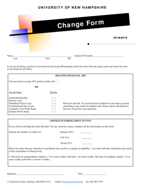 University of New Hampshire Financial Aid Change Form