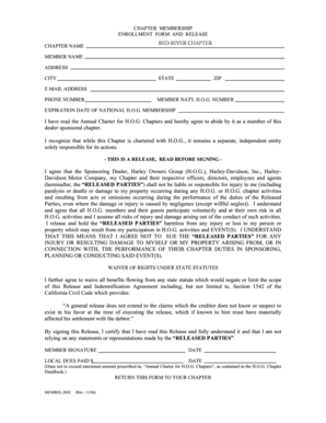 Harley Owners Group Chapter Membership Enrollment Form