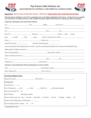 2014 Pop Warner Participant Contract and Parental Consent Form