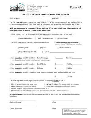 Verification of Low Income for Parent