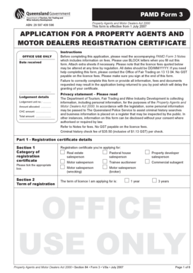Queensland Property Agents and Motor Dealers Registration Certificate Application