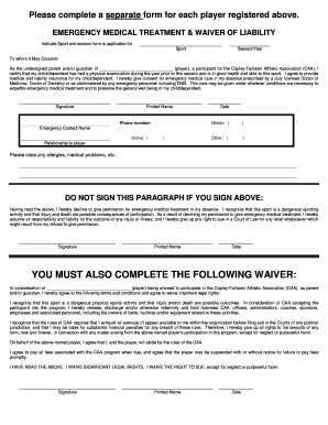 Emergency Medical Treatment Waiver of Liability