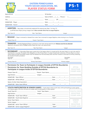 Eastern Pennsylvania Youth Soccer Association Player Status Form