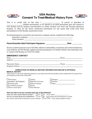 USA Hockey Consent to Treat/Medical History Form