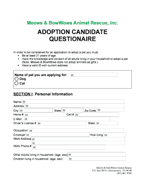 Fillable Online ADOPTION CANDIDATE QUESTIONAIRE - Petfinder Fax Email ...