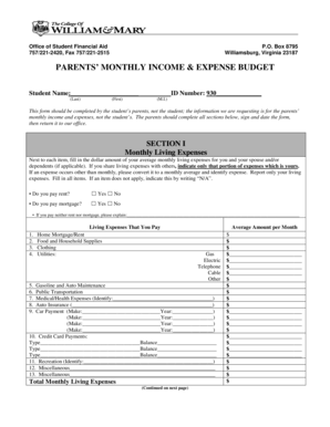 Parents’ Monthly Income & Expense Budget