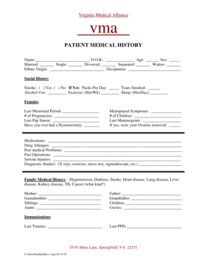 Virginia Medical Alliance Patient Medical History Form