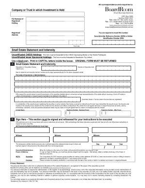 Small Estate Statement and Indemnity Form