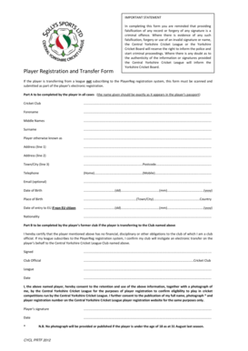 Central Yorkshire Cricket League Player Registration and Transfer Form