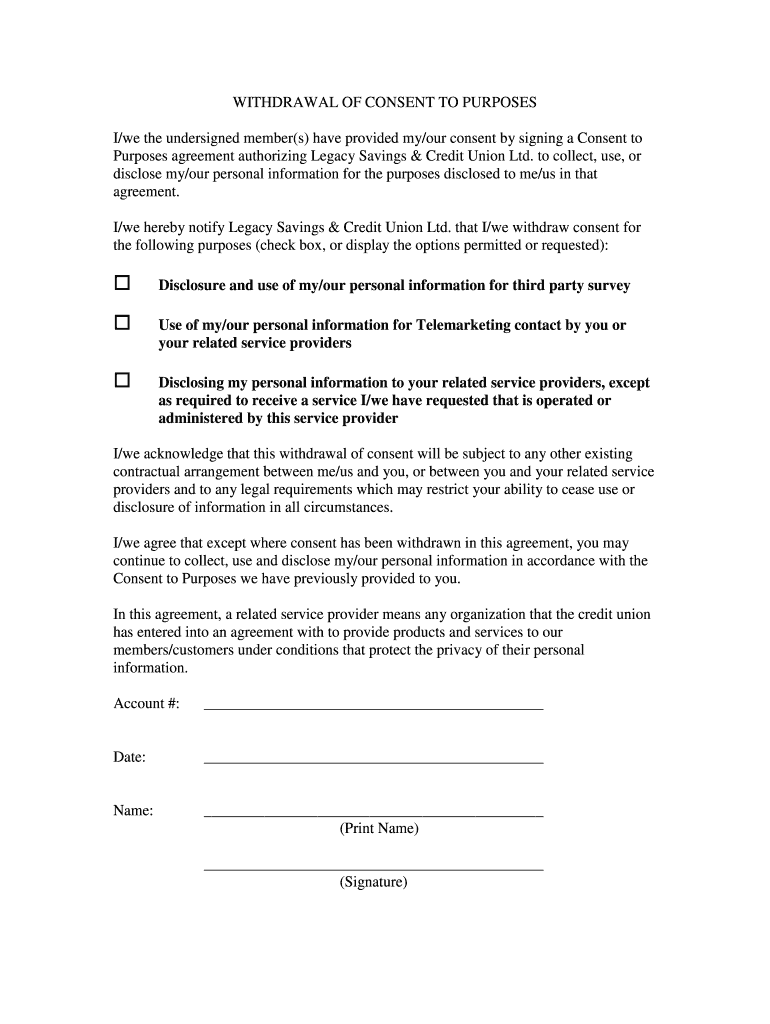 Fillable Online Withdrawal of bconsent tob purposes Legacy Savings