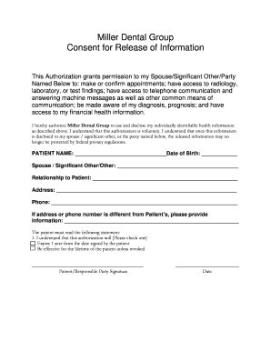 Miller Dental Group Consent for Release of Information