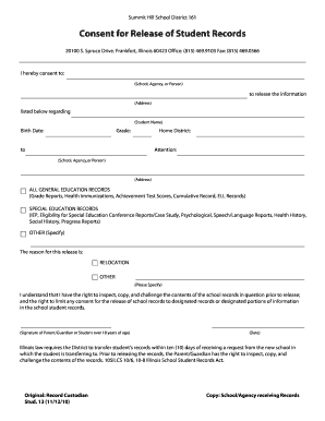 Summit Hill School District 161 Student Records Release Consent