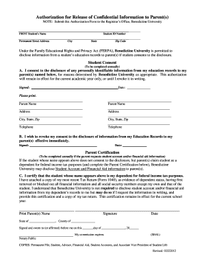 Authorization for Release of Confidential Information to Parent(s)