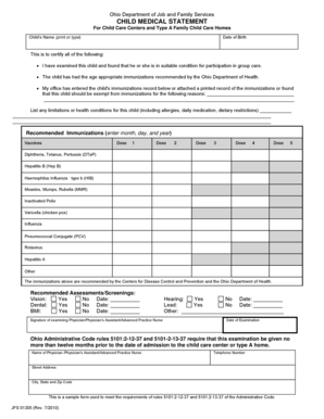 Ohio Child Medical Statement for Child Care Centers