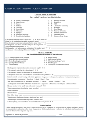Child Patient Medical and Dental History Form