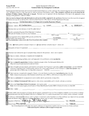 Indiana General Sales Tax Exemption Certificate