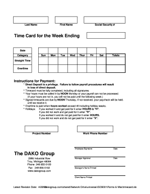 fillable online time card for the week ending dakogroup com fax