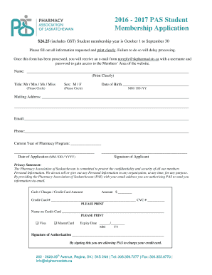 2016 - 2017 PAS Student Membership Application - Pharmacy