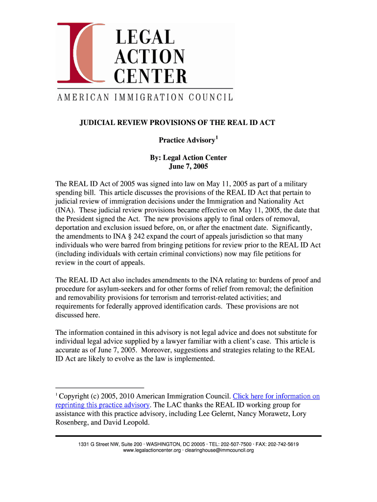 Fillable Online JUDICIAL REVIEW PROVISIONS OF THE REAL ID ACT Fax Email Print pdfFiller