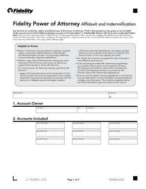 Fidelity Power of Attorney Affidavit and Indemnification