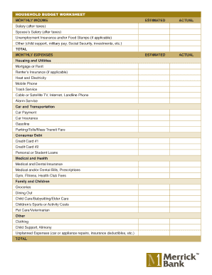 HOUSEHOLD BUDGET WORKSHEET MONTHLY ... - Merrick blog