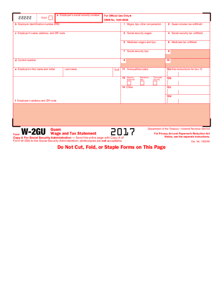 2017 Form W-2GU. Guam Wage and Tax Statement Preview on Page 1.