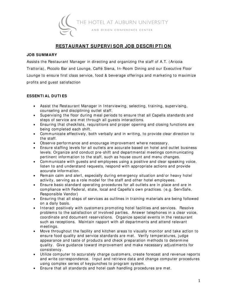 Fillable Online RESTAURANT SUPERVISOR JOB DESCRIPTION Fax Email Print