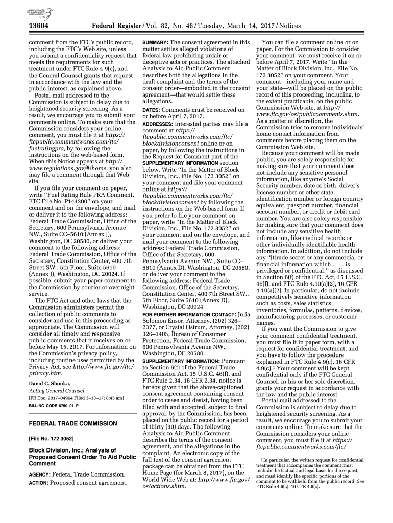 Fillable Online gpo comment from the FTC s public record, gpo Fax