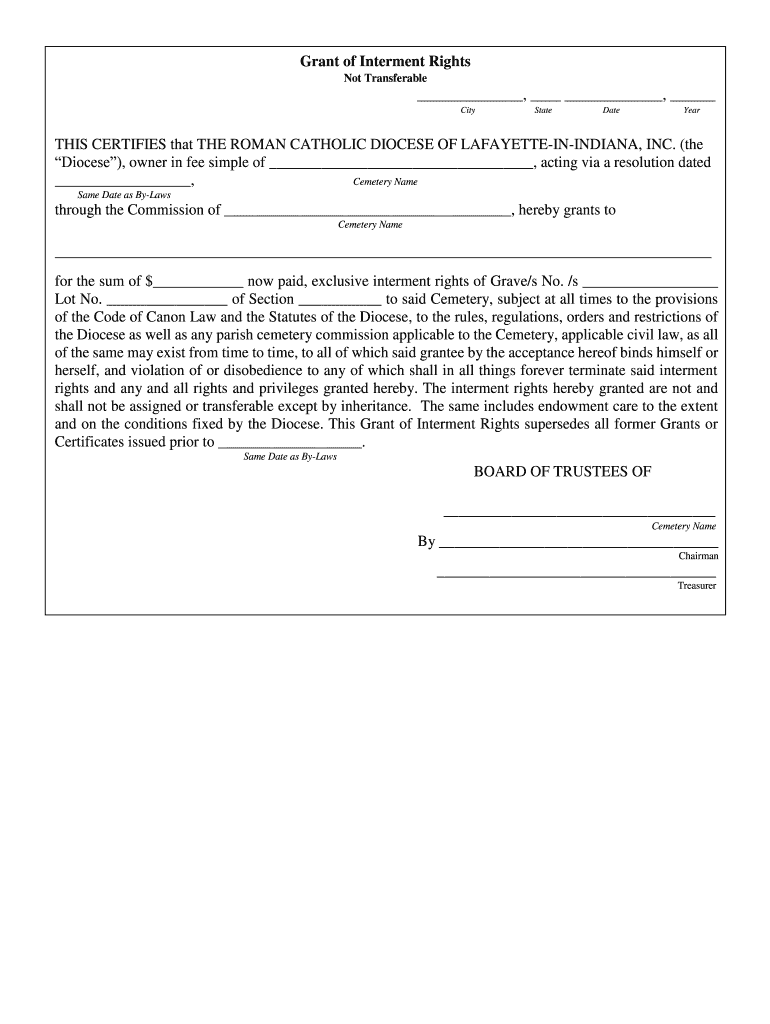 Fillable Online Grant of Interment Rights Fax Email Print - pdfFiller