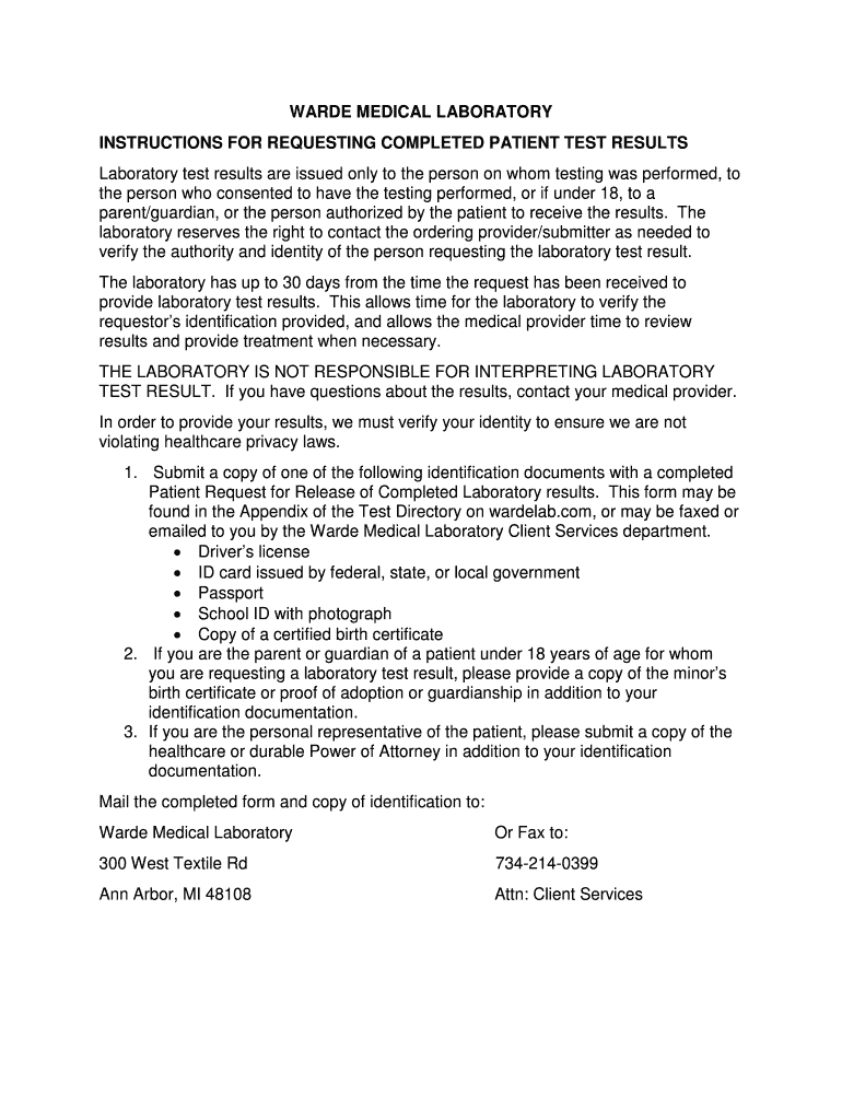 Fillable Online WARDE MEDICAL LABORATORY Fax Email Print pdfFiller