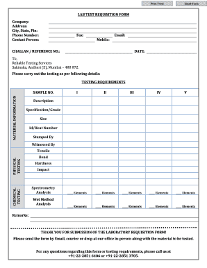 Fillable Online LAB TEST REQUISITION FORM City, State, Pin : Contact ...
