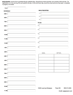 Daily Schedule: Use this form to strategically plan individual days - gonzaga