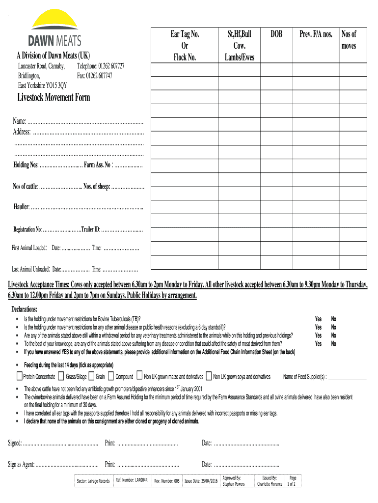 Fillable Online farmstock org DRAFT LAR004R Generic Livestock Movement