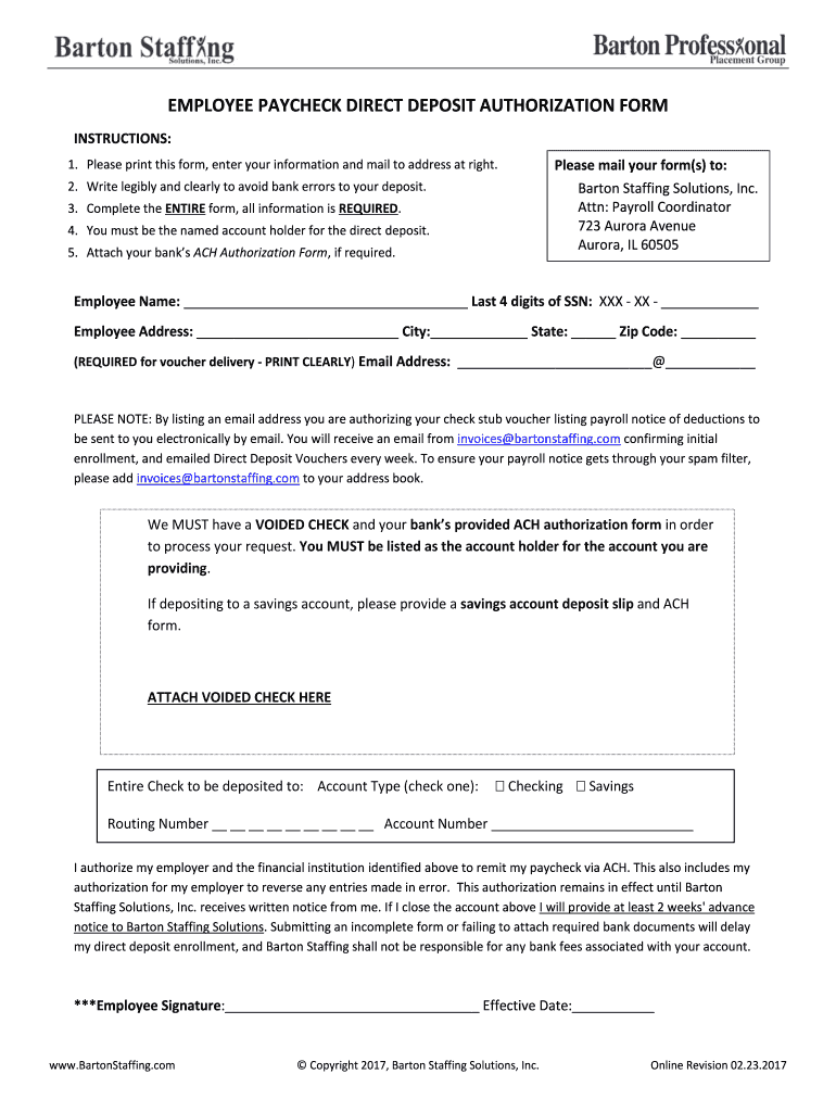 Fillable Online EMPLOYEE PAYCHECK DIRECT DEPOSIT AUTHORIZATION FORM Fax