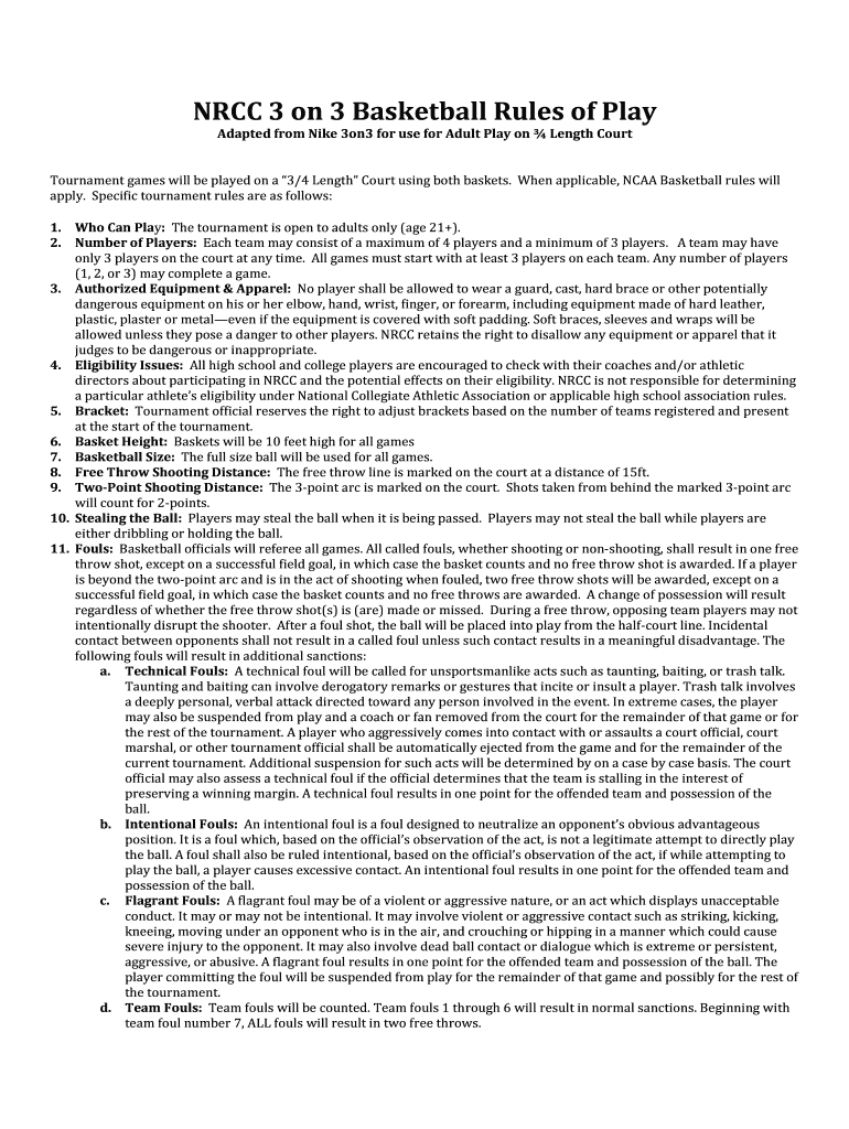 Fillable Online NRCC 3 On 3 Basketball Rules Of Play Fax Email Print 