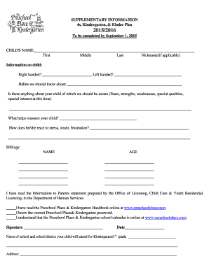SUPPLEMENTARY INFORMATION 4s, Kindergarten, &