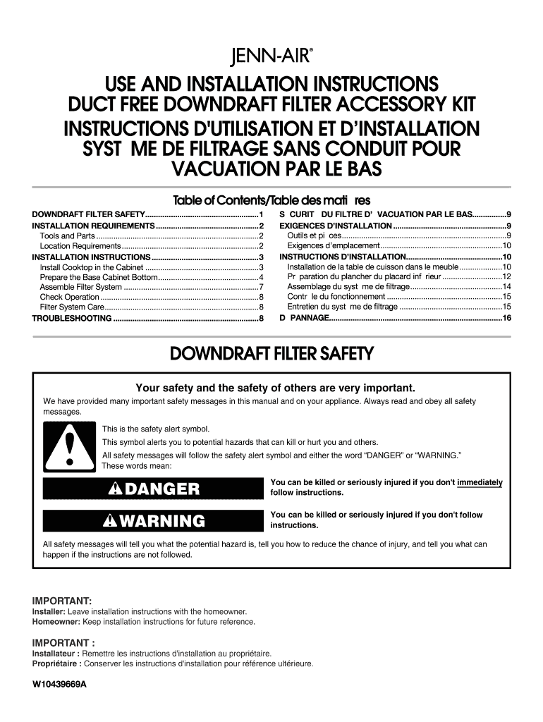 Fillable Online DUCT FREE DOWNDRAFT FILTER ACCESSORY KIT Fax Email