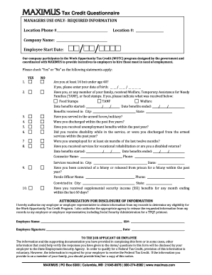 tax credit questionnaire form