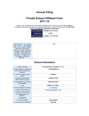 Fillable Online Annual Filing Private School Affidavit Form 2011 12 Fax ...