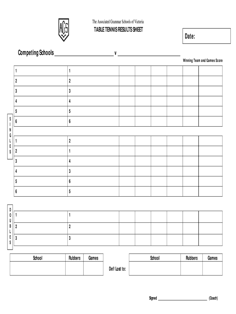 Fillable Online AGSV Year Level Table Tennis Score Sheet Fax Email 