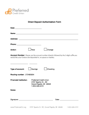 fillable online preferredcu direct deposit authorization form credit authorization form