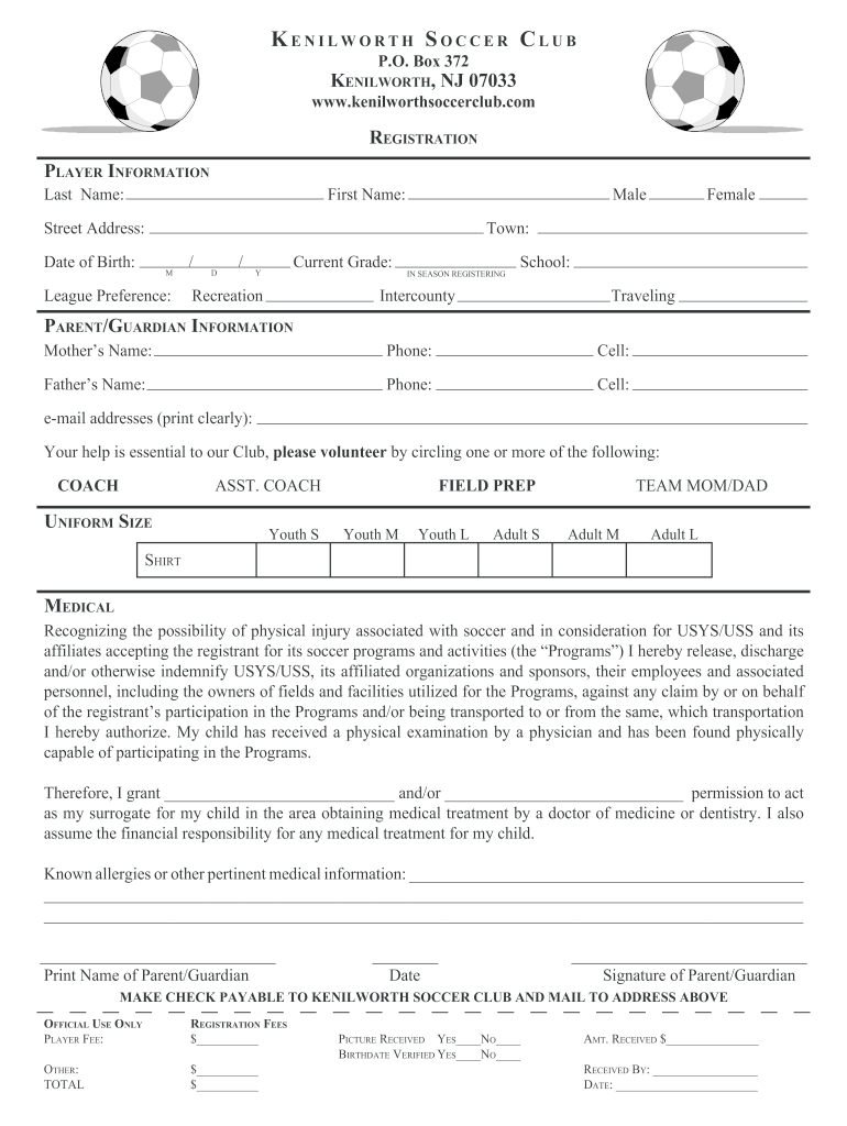 Soccer Kenilworth Fill Online Printable Fillable Blank PdfFiller