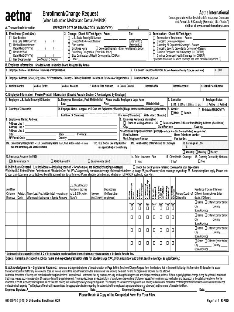 Fillable Online Enrollment/Change Request Aetna International Coverage
