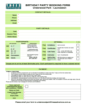Fillable Online BIRTHDAY PARTY BOOKING FORM - Trees Adventure Fax Email ...